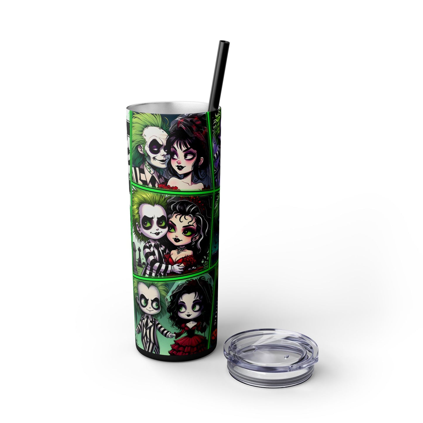 Chibi Beetlejuice & Lydia Tumbler Skinny Tumbler with Straw, 20oz